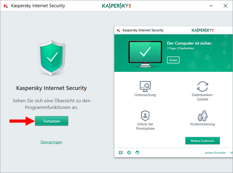 Das Fenster mit einer Übersicht über die Funktionen von Kaspersky Internet Security 2018