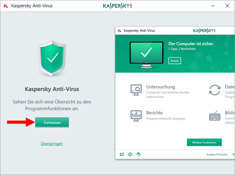 Abbildung: Das Fenster mit Übersicht zu den Funktionen von Kaspersky Anti-Virus 2018 