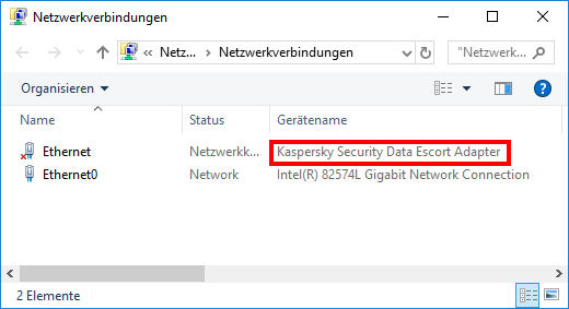 Kaspersky Security Data Escort Adapter in den Netzwerkverbindungen