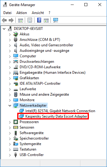 Kaspersky Security Data Escort Adapter im Geräte-Manager von Windows