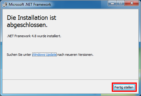 Das Fenster des Installationsassistenten von Microsoft .NET Framework