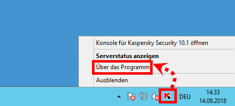 Das Kontextmenü des Symbols von Kaspersky Security 10.x für Windows Server