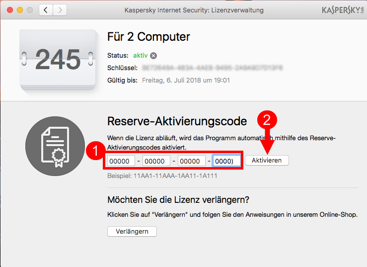 Abbildung: Das Fenster „Lizenzverwaltung“ in Kaspersky Internet Security 18 für Mac