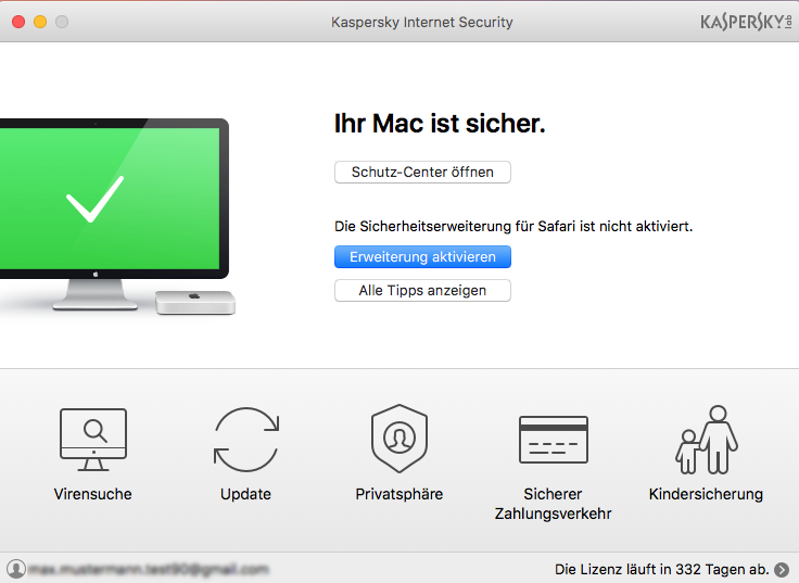 Abbildung: Das Hauptfenster von Kaspersky Internet Security 18 für Mac