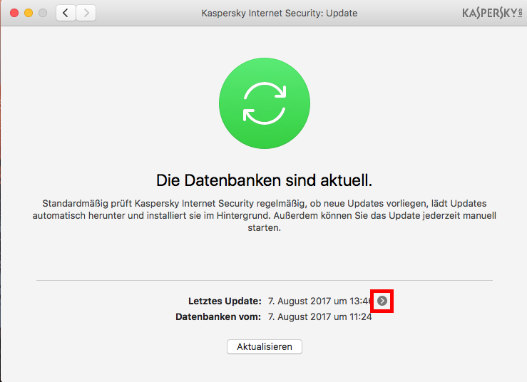 Abbildung: Das Fenster „Update“ in Kaspersky Internet Security 18 für Mac