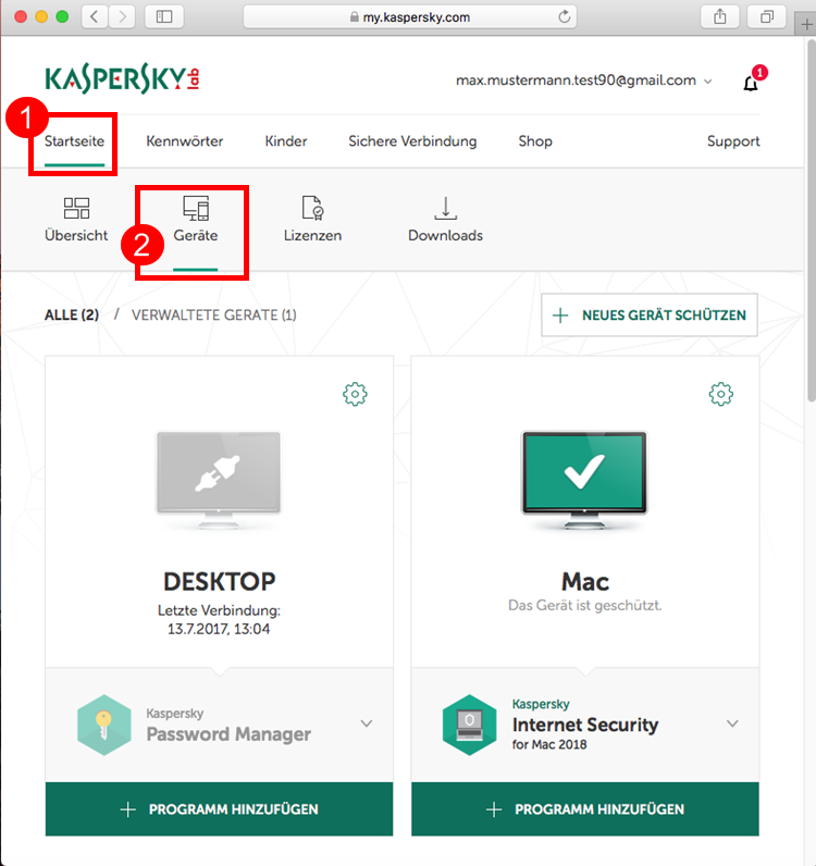 Abbildung: Der Abschnitt „Geräte“ auf dem Portal My Kaspersky