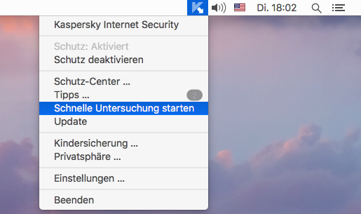 Abbildung: Das Kontextmenü des Symbols von Kaspersky Internet Security 18 für Mac