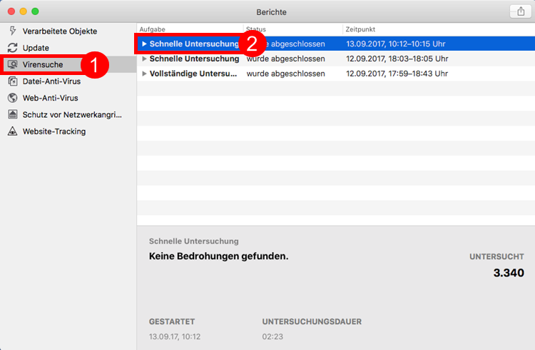 Abbildung: Das Fenster „Berichte“ in Kaspersky Internet Security 18 für Mac