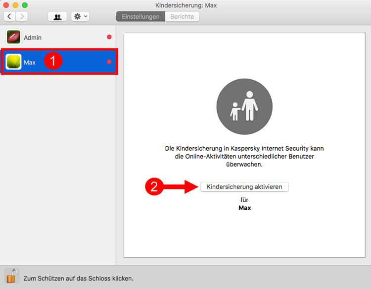 Abbildung: Das Fenster „Kindersicherung“ in Kaspersky Internet Security 18 für Mac