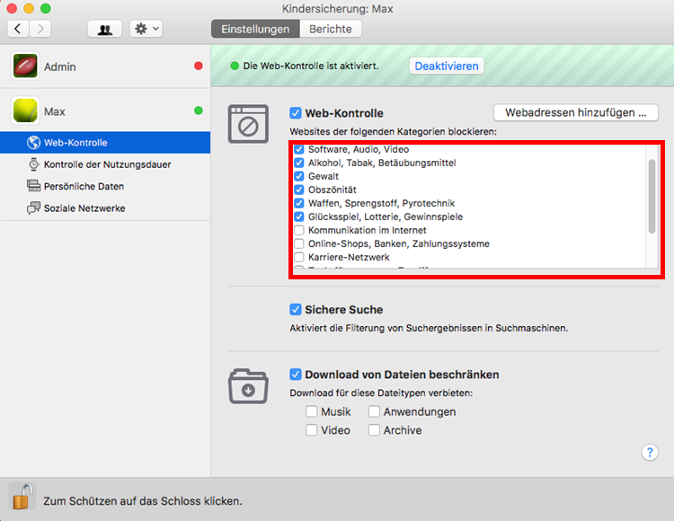 Abbildung: Das Fenster „Kindersicherung“ in Kaspersky Internet Security 18 für Mac