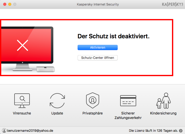 Der rote Schutzindikator im Hauptfenster von Kaspersky Internet Security 18 für Mac