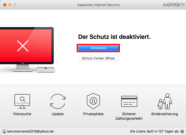 Das Hauptfenster von Kaspersky Internet Security 18 für Mac