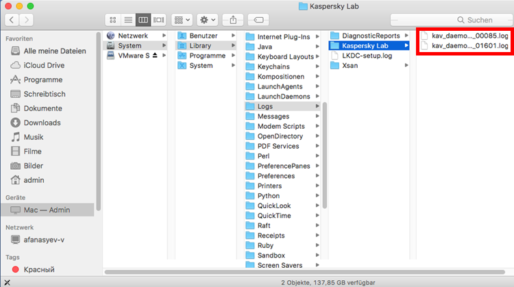 Abbildung: Der Speicherordner der Protokolldateien von Kaspersky Internet Security 18 für Mac