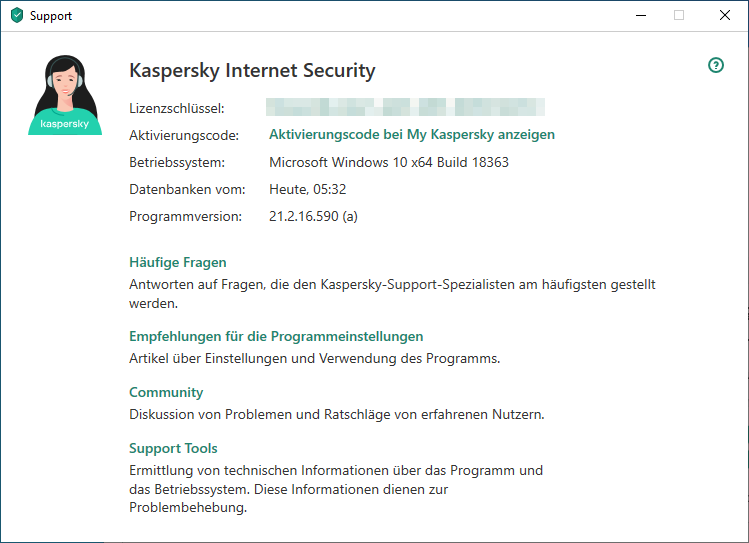 Fenster Support im Kaspersky-Programm