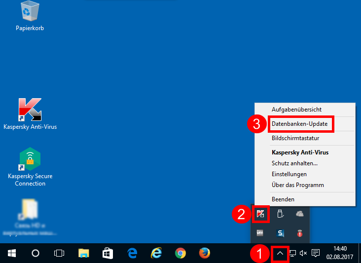 Abbildung: Das Kontextmenü des Symbols von Kaspersky Anti-Virus 2018 auf der Taskleiste von Windows