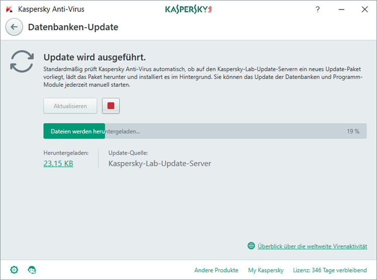 Abbildung: Das Fenster „Datenbanken-Update“ in Kaspersky Anti-Virus 2018
