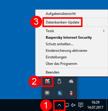 Abbildung: Das Kontextmenü des Symbols von Kaspersky Internet Security 2018 rechts unten auf dem Desktop