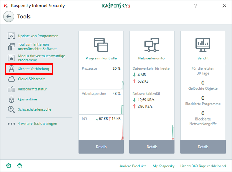 Abbildung: Das Fenster „Tools“ in Kaspersky Internet Security 2018