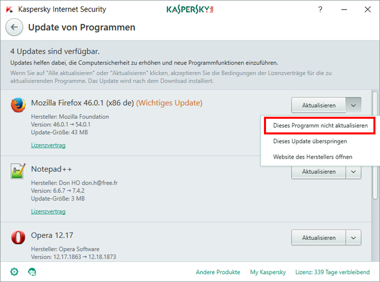 Abbildung: Das Fenster „Update von Programmen“ in Kaspersky Internet Security