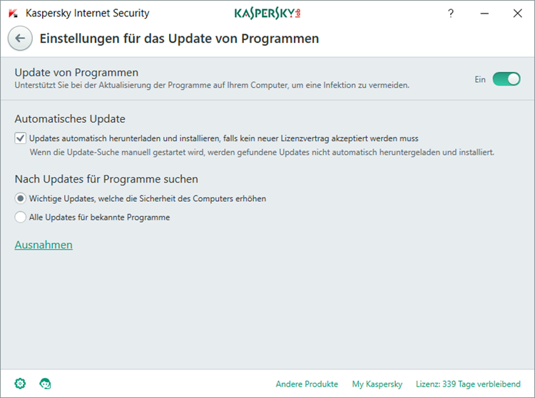 Abbildung: Das Fenster „Einstellungen für das Update von Programmen“ in Kaspersky Internet Security