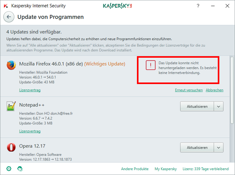Abbildung: Eine Fehlermeldung im Fenster „Update von Programmen“ in Kaspersky Internet Security 2018 