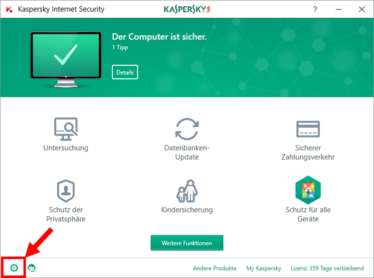 Das Hauptfenster von Kaspersky Internet Security 2018