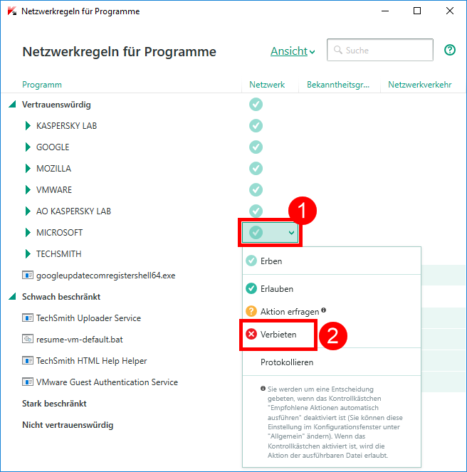 Abbildung: Das Fenster „Netzwerkregeln für Programme“ in Kaspersky Internet Security 2018