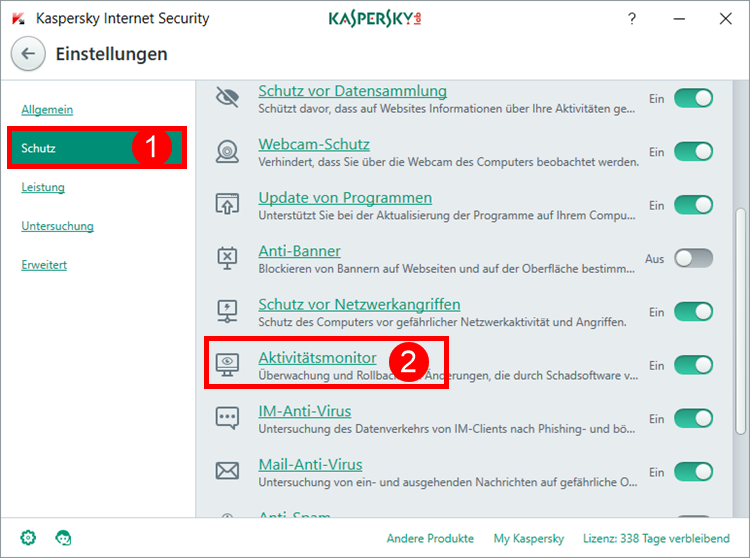 Abbildung: Das Fenster „Einstellungen“ in Kaspersky Internet Security