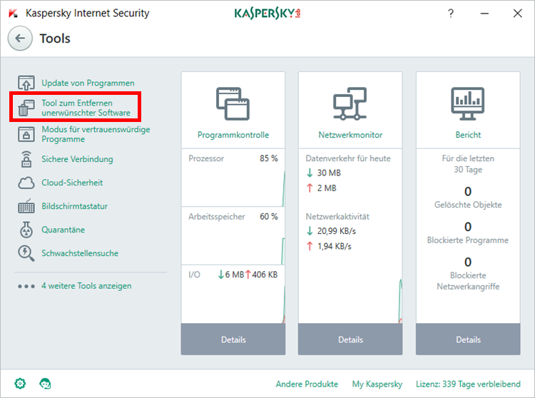 Abbildung: Das Fenster „Tools“ in Kaspersky Internet Security