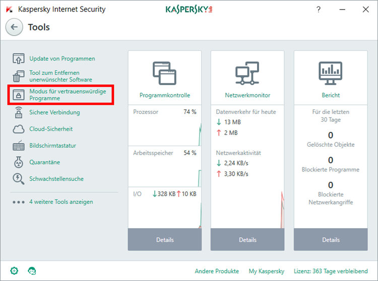Abbildung: Das Fenster „Tools“ in Kaspersky Internet Security