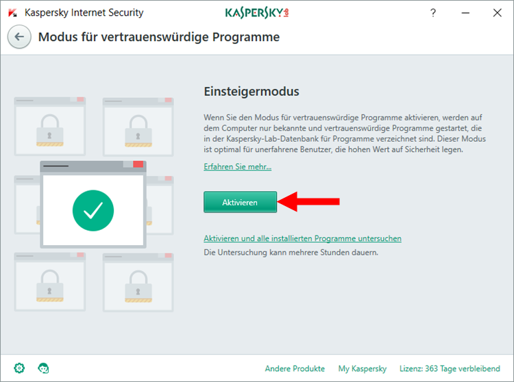 Abbildung: Das Fenster „Modus für vertrauenswürdige Programme“ in Kaspersky Internet Security