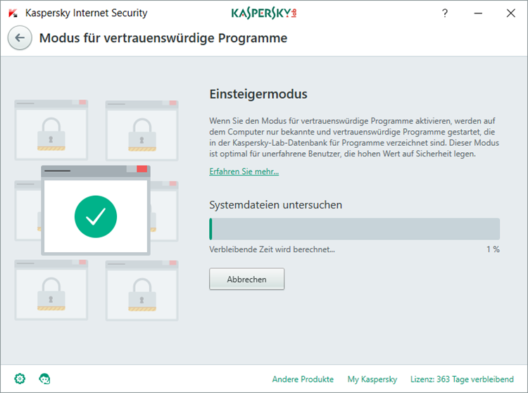 Abbildung: Das Fenster „Modus für vertrauenswürdige Programme“ in Kaspersky Internet Security