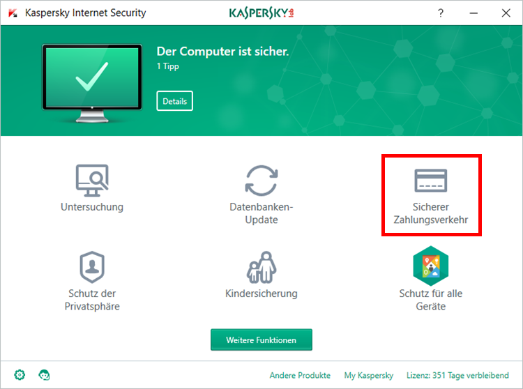 Abbildung: Das Hauptfenster von Kaspersky Internet Security 2018