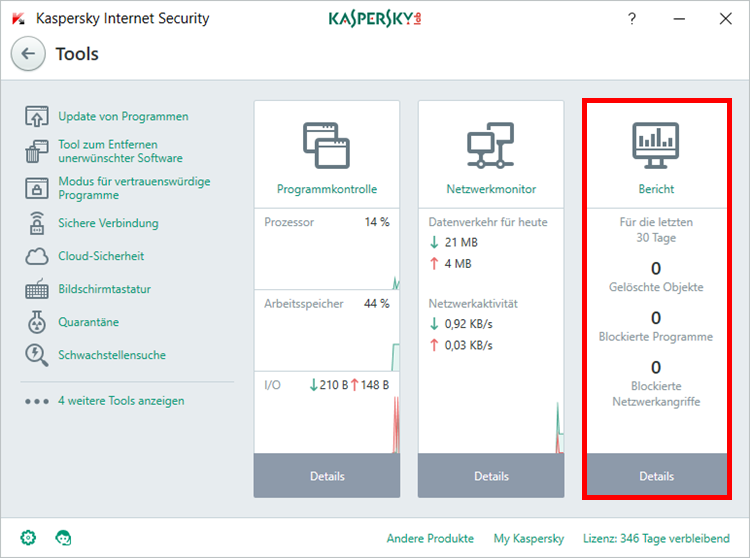 Abbildung: Das Fenster „Tools“ in Kaspersky Internet Security 