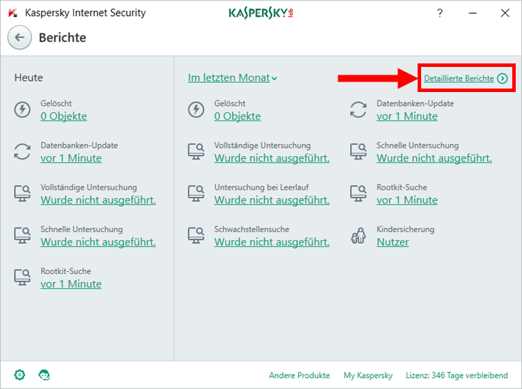 Abbildung: Das Fenster „Berichte“ in Kaspersky Internet Security 