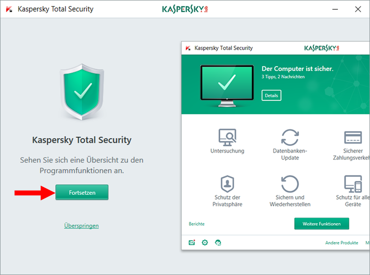 Das Fenster mit einer Übersicht über die Funktionen von Kaspersky Total Security 2018