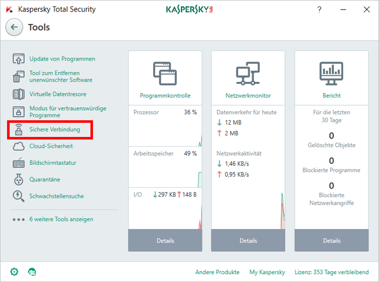 Abbildung: Das Fenster „Tools“ in Kaspersky Total Security 2018