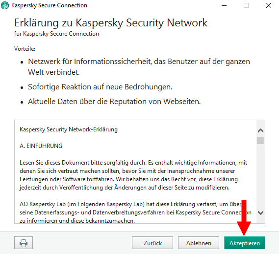 Abbildung: Das Fenster „Erklärung zu Kaspersky Security Network“ in Kaspersky Secure Connection