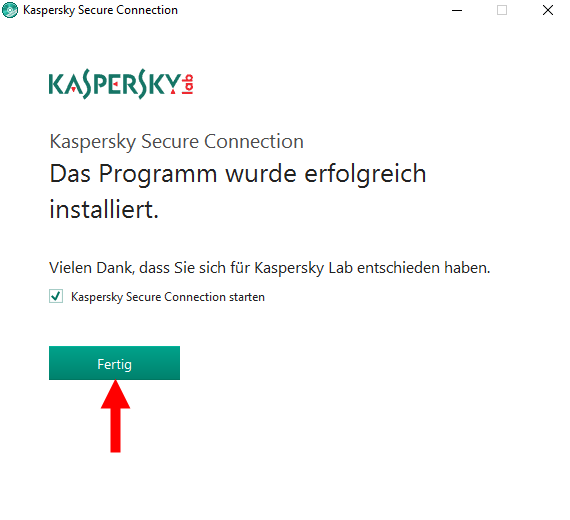 Abbildung: Das Fenster „Das Programm wurde erfolgreich installiert“ in Kaspersky Secure Connection