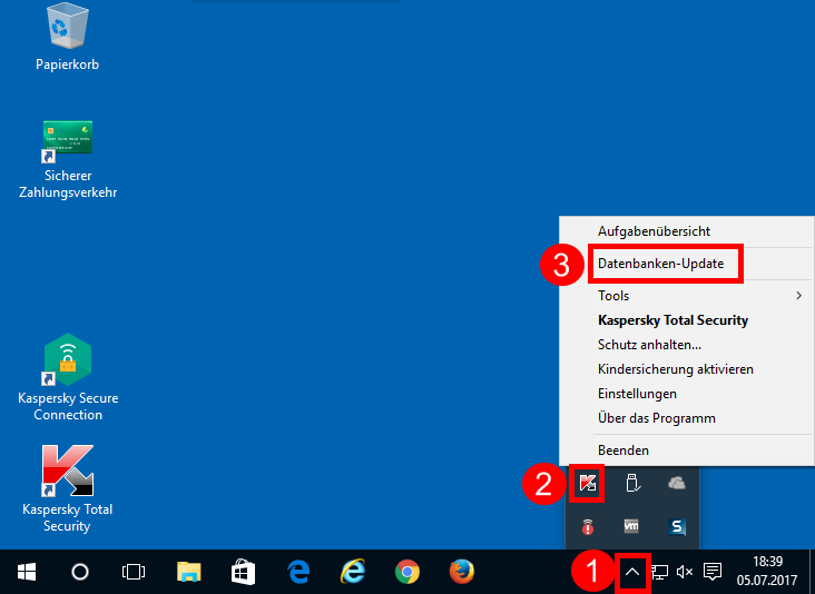 Abbildung: Das Kontextmenü des Symbols von Kaspersky Total Security 2018 rechts unten auf dem Desktop