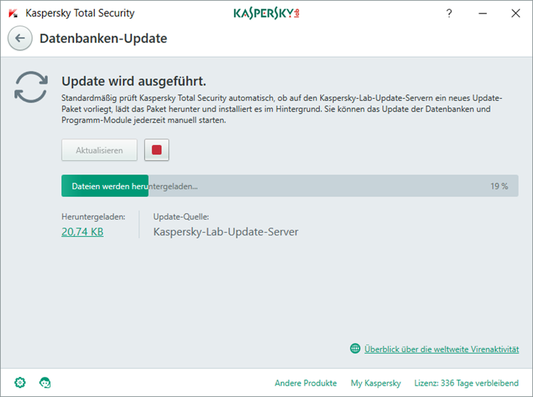 Abbildung: Das Fenster „Datenbanken-Update“ in Kaspersky Total Security 2018