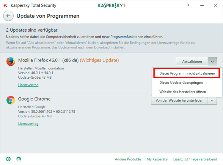 Abbildung: Das Fenster „Update von Programmen“ in Kaspersky Total Security