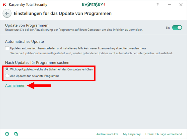 Abbildung: Das Fenster „Einstellungen für das Update von Programmen“ in Kaspersky Total Security