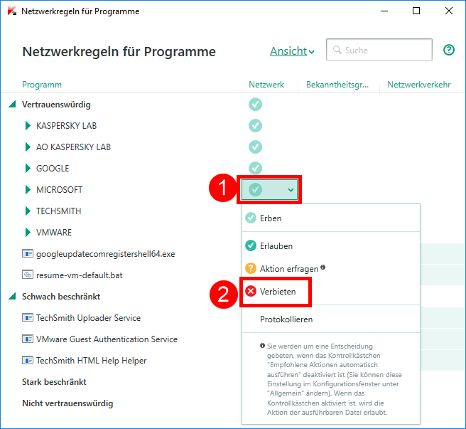 Abbildung: Das Fenster „Netzwerkregeln für Programme“ in Kaspersky Total Security 2018