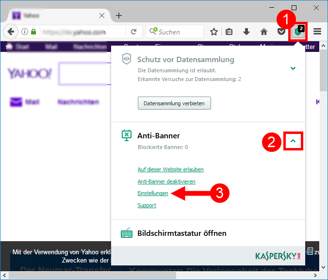 Abbildung: Das Fenster der Erweiterung Kaspersky Protection in einem Browser