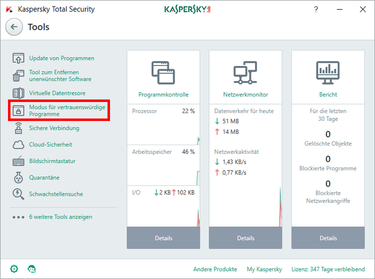 Abbildung: Das Fenster „Tools“ in Kaspersky Total Security