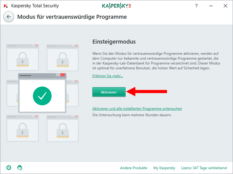 Abbildung: Das Fenster „Modus für vertrauenswürdige Programme“ in Kaspersky Total Security