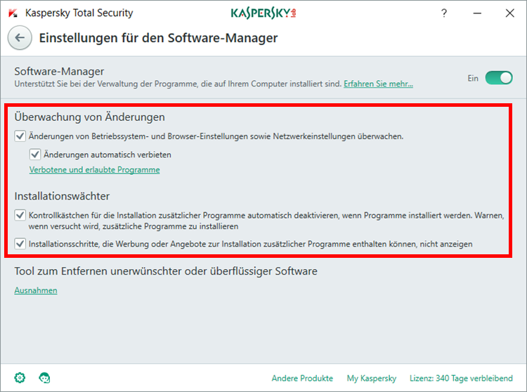 Abbildung: Das Fenster „Einstellungen für den Software-Manager“ in Kaspersky Total Security