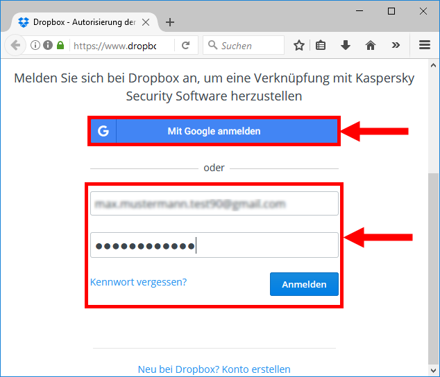 Abbildung: Anmelden bei Dropbox im Browser