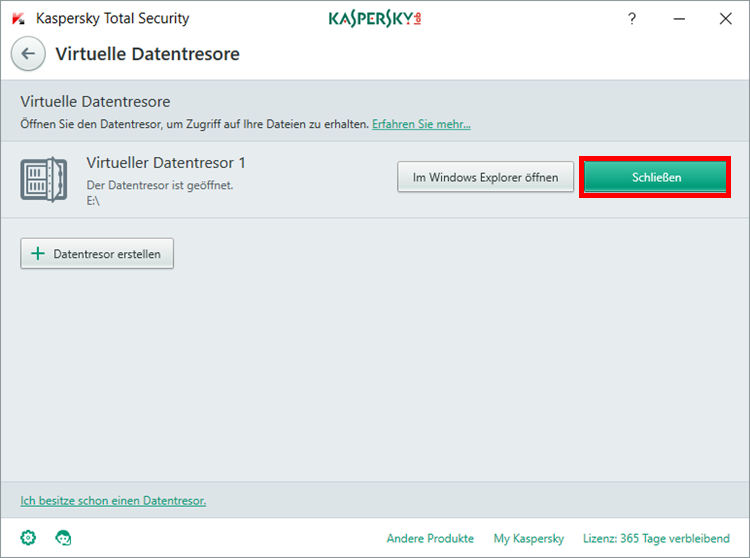 Abbildung: Das Fenster „Virtuelle Datentresore“ in Kaspersky Total Security